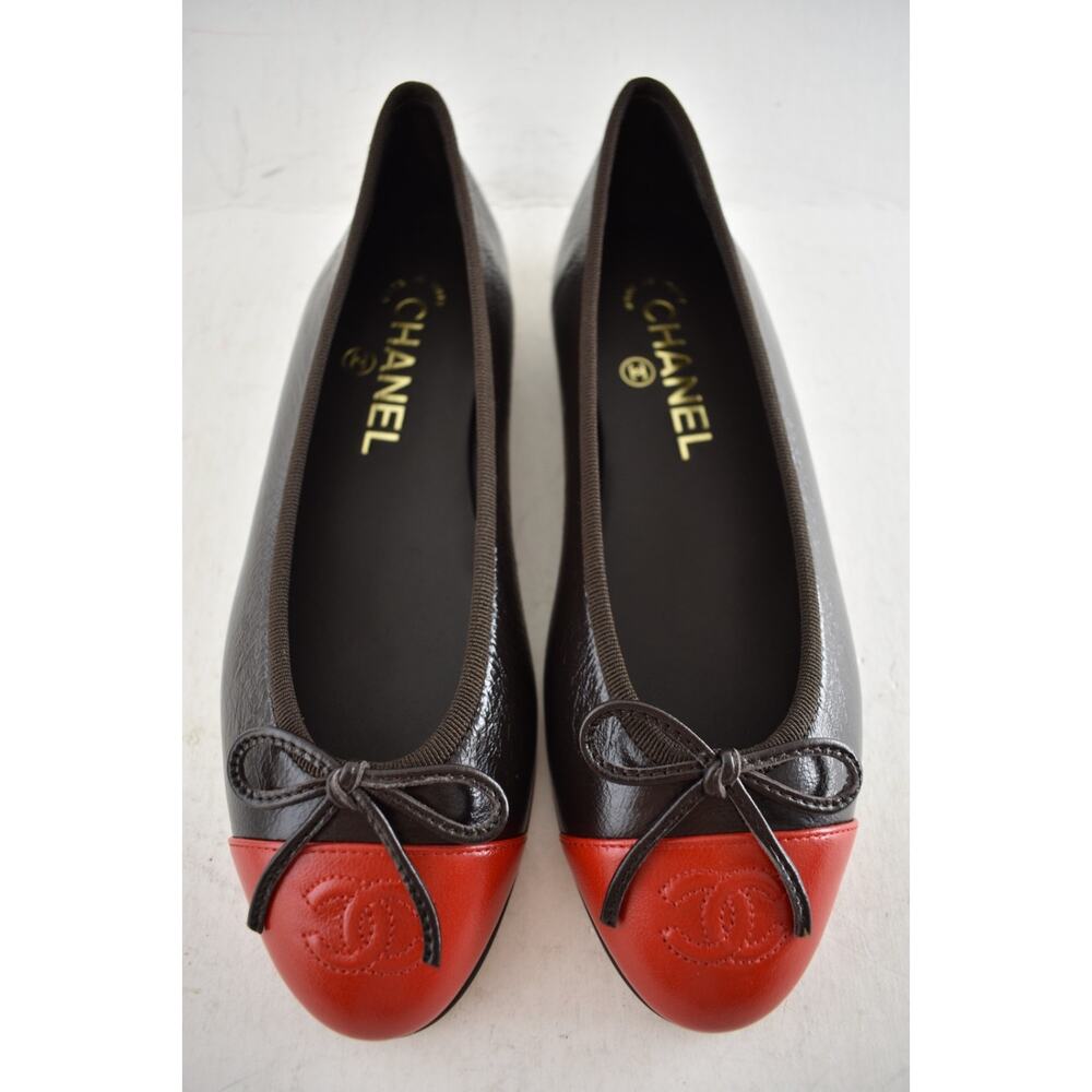 Chanel 26S Dark Brown Red Leather CC Logo Cap Classic Ballet Ballerina Flat 38 - Picture 3 of 16